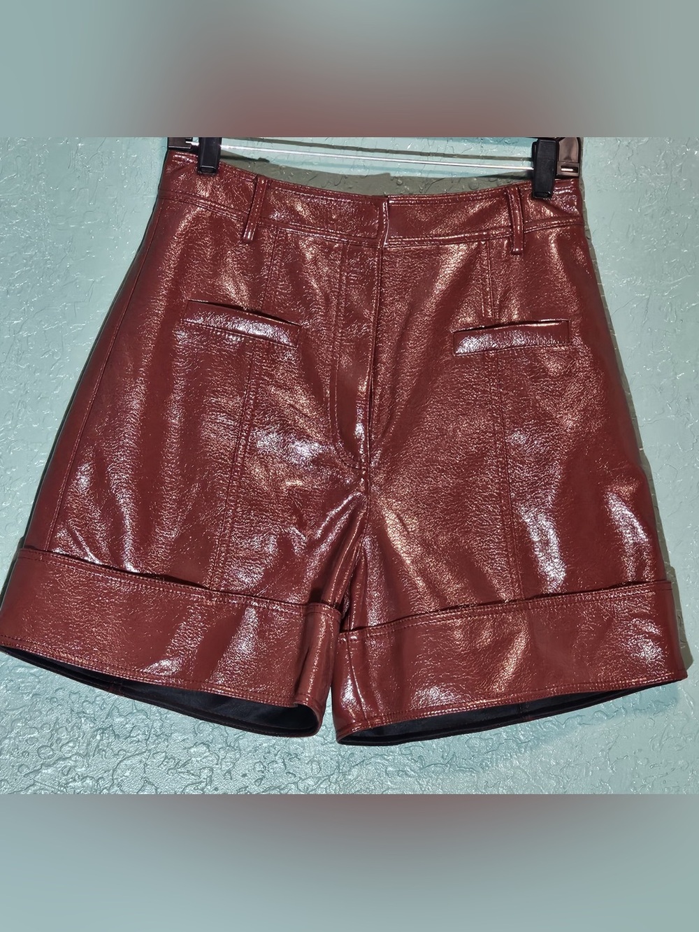 Tibi Burgundy Faux Leather High Rise Shorts Size 6